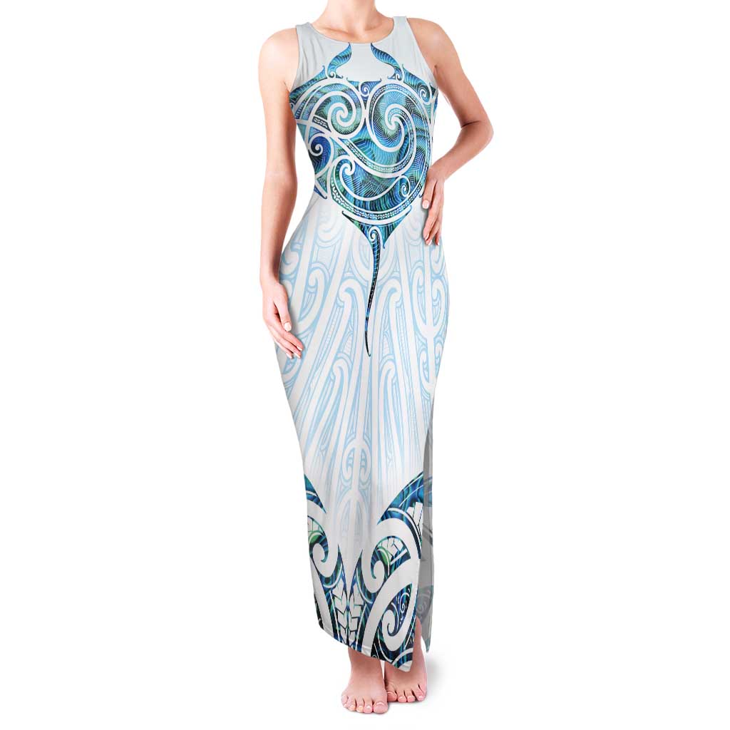 New Zealand Manta Ray Tattoo Tank Maxi Dress Aotearoa Maori Haehae Paua Shell LT14 Women White - Polynesian Pride