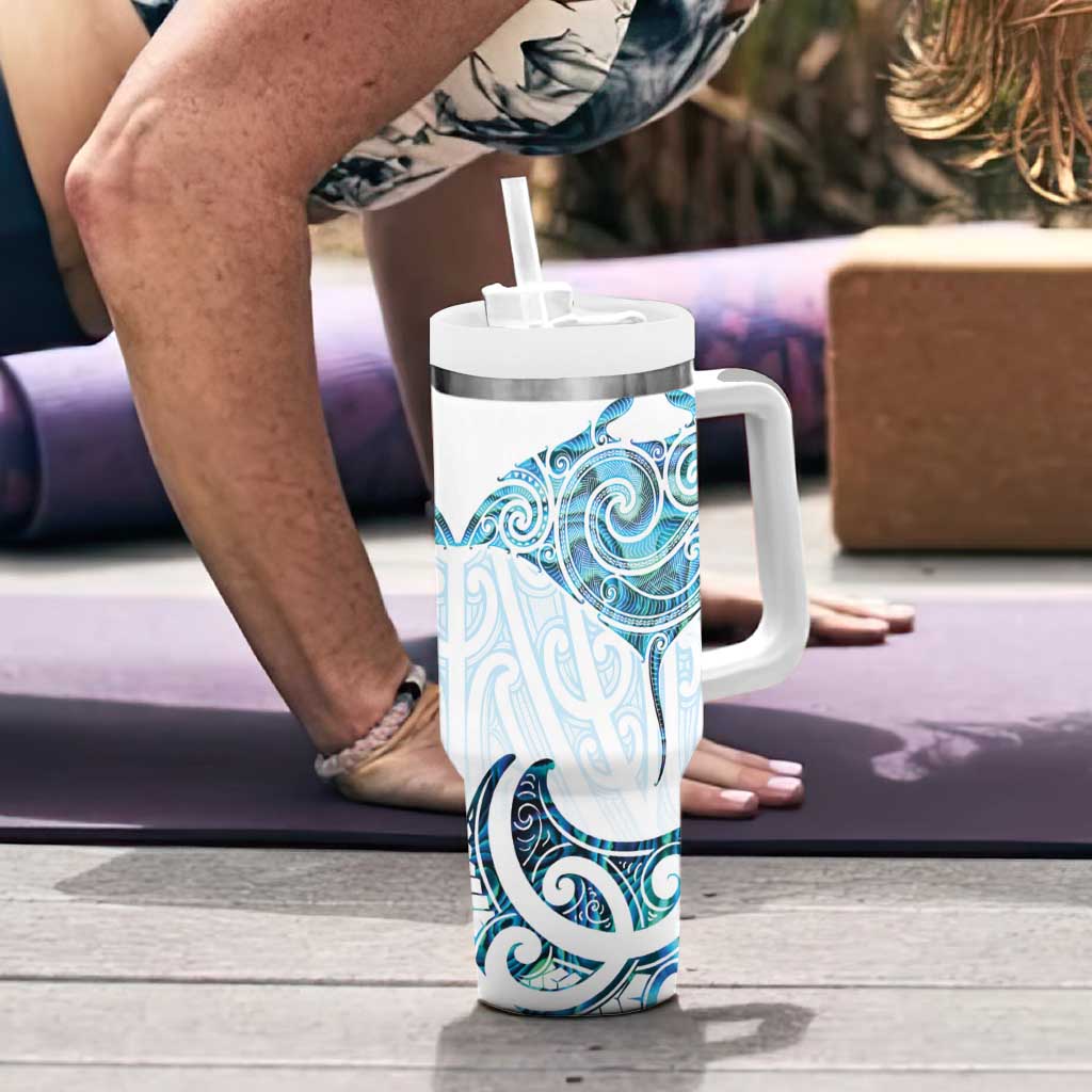 New Zealand Manta Ray Tattoo Tumbler With Handle Aotearoa Maori Haehae Paua Shell - Polynesian Pride