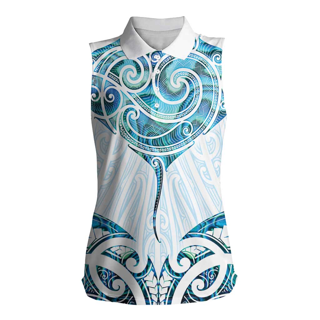 New Zealand Manta Ray Tattoo Women Sleeveless Polo Shirt Aotearoa Maori Haehae Paua Shell LT14 Female White - Polynesian Pride