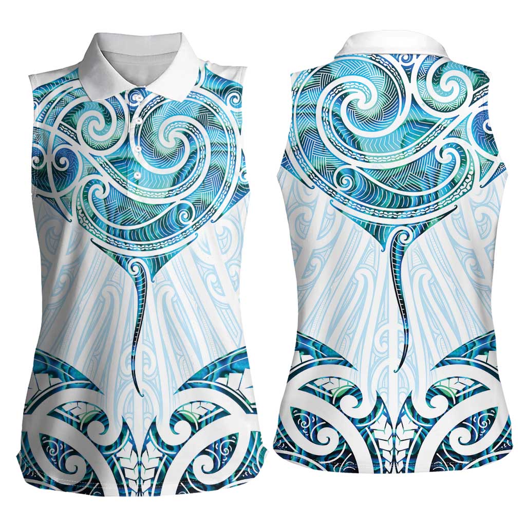 New Zealand Manta Ray Tattoo Women Sleeveless Polo Shirt Aotearoa Maori Haehae Paua Shell LT14 - Polynesian Pride