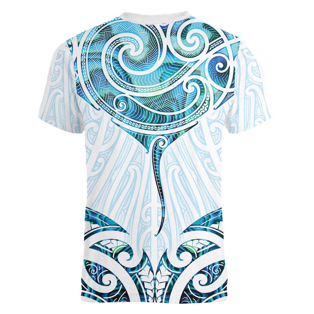 New Zealand Manta Ray Tattoo Women V-Neck T-Shirt Aotearoa Maori Haehae Paua Shell LT14 - Polynesian Pride