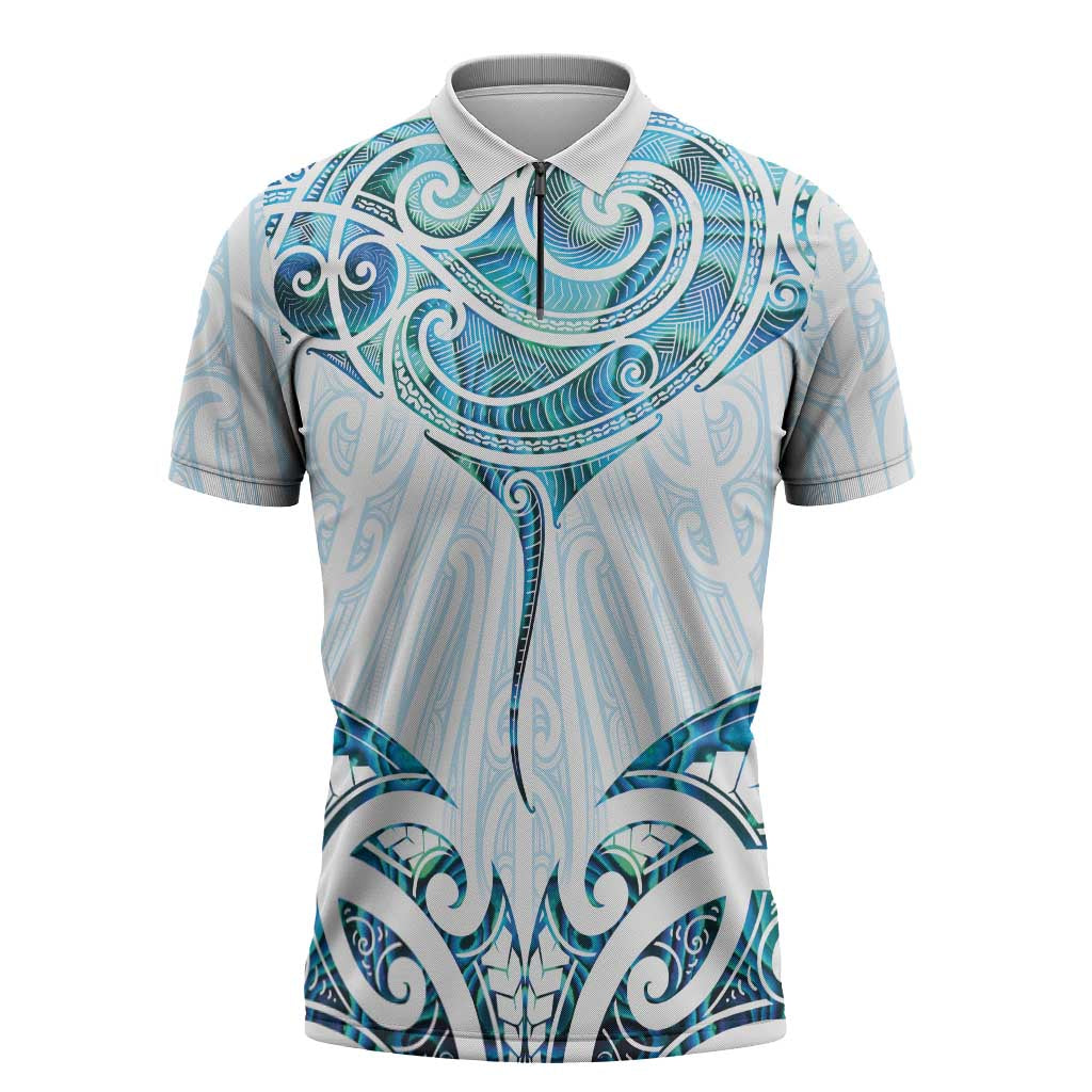 New Zealand Manta Ray Tattoo Zipper Polo Shirt Aotearoa Maori Haehae Paua Shell LT14 White - Polynesian Pride