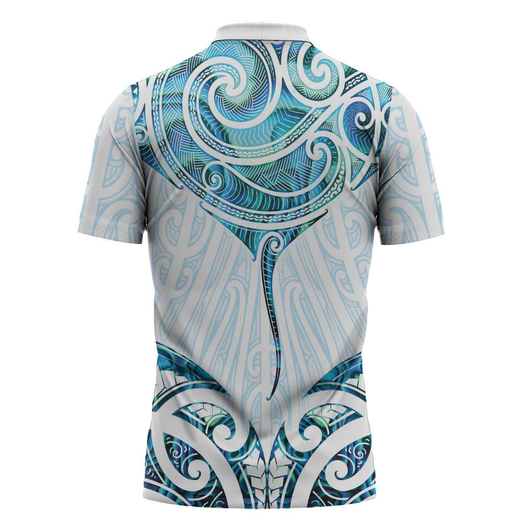 New Zealand Manta Ray Tattoo Zipper Polo Shirt Aotearoa Maori Haehae Paua Shell LT14 - Polynesian Pride