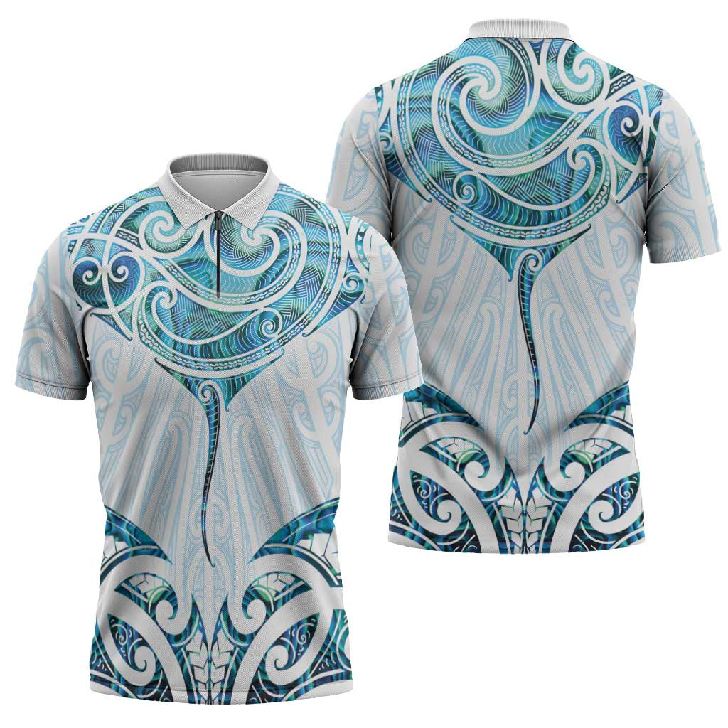 New Zealand Manta Ray Tattoo Zipper Polo Shirt Aotearoa Maori Haehae Paua Shell LT14 - Polynesian Pride