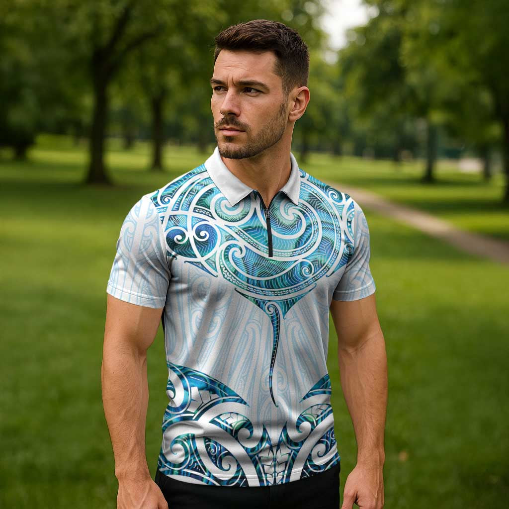 New Zealand Manta Ray Tattoo Zipper Polo Shirt Aotearoa Maori Haehae Paua Shell LT14 - Polynesian Pride