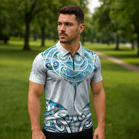 New Zealand Manta Ray Tattoo Zipper Polo Shirt Aotearoa Maori Haehae Paua Shell LT14 - Polynesian Pride