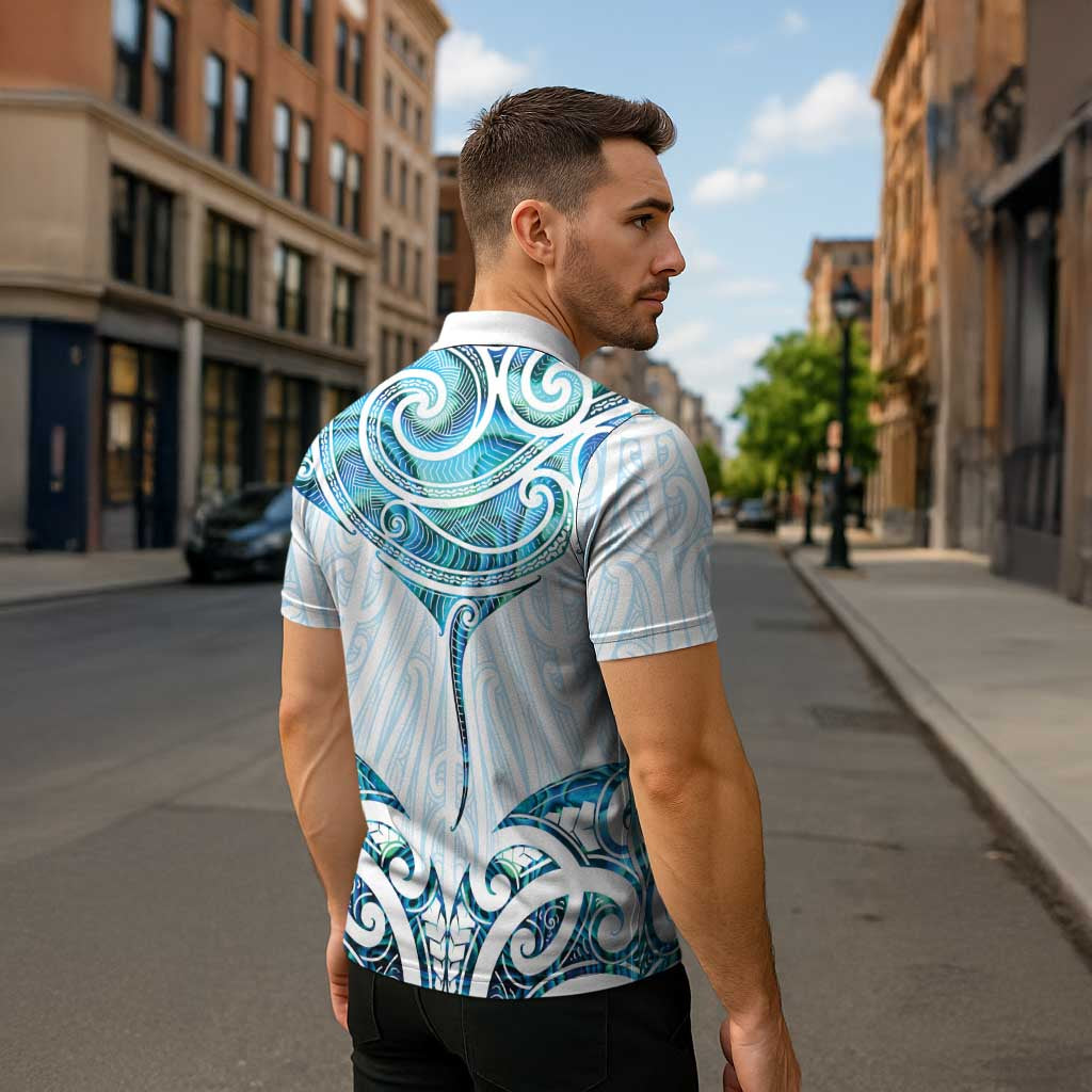 New Zealand Manta Ray Tattoo Zipper Polo Shirt Aotearoa Maori Haehae Paua Shell LT14 - Polynesian Pride