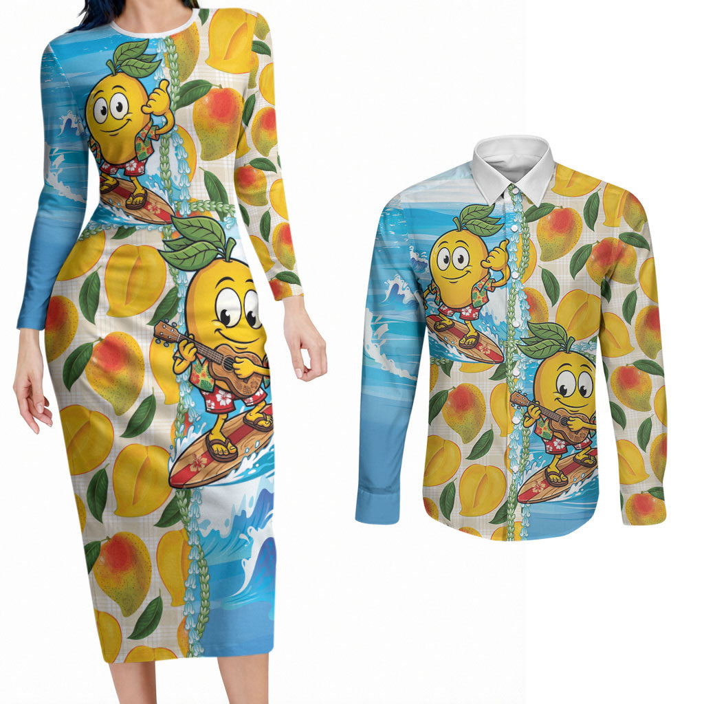 Aloha Hawaii Summer Couples Matching Long Sleeve Bodycon Dress and Long Sleeve Button Shirt Hawaiian Lei Surfing Mango Palaka Motifs LT14 Blue - Polynesian Pride