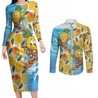 Aloha Hawaii Summer Couples Matching Long Sleeve Bodycon Dress and Long Sleeve Button Shirt Hawaiian Lei Surfing Mango Palaka Motifs LT14 Blue - Polynesian Pride