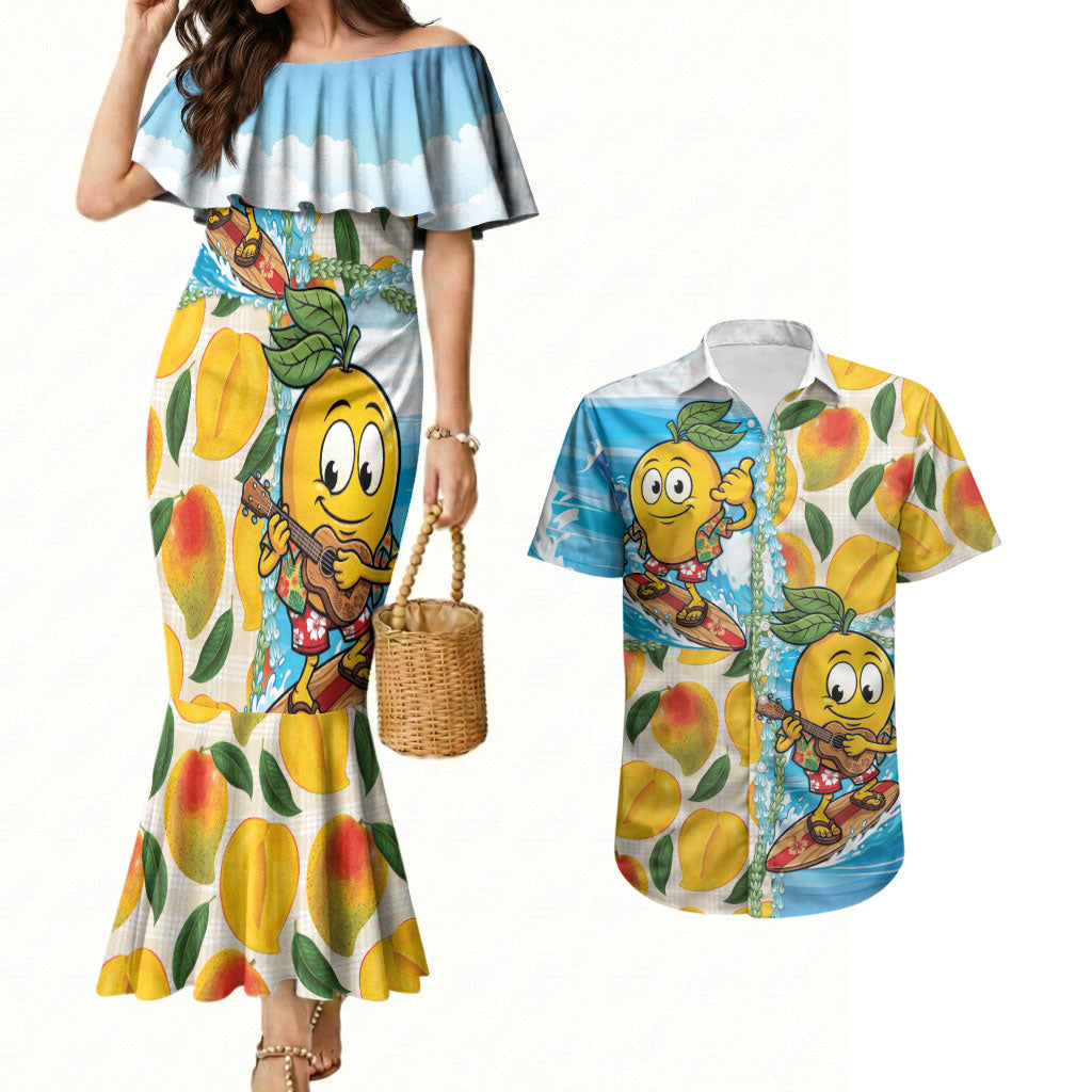 Aloha Hawaii Summer Couples Matching Mermaid Dress and Hawaiian Shirt Hawaiian Lei Surfing Mango Palaka Motifs LT14 Blue - Polynesian Pride