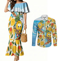 Aloha Hawaii Summer Couples Matching Mermaid Dress and Long Sleeve Button Shirt Hawaiian Lei Surfing Mango Palaka Motifs LT14 Blue - Polynesian Pride
