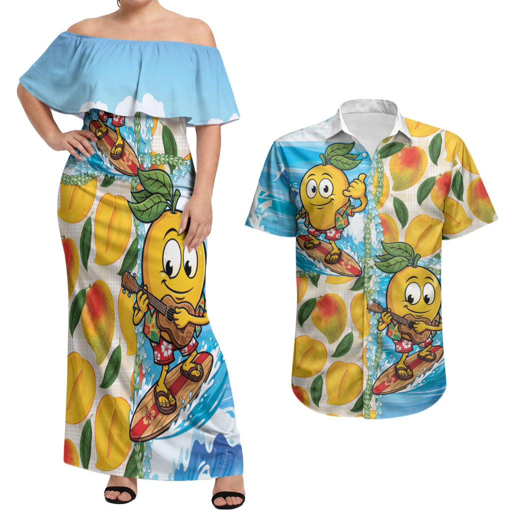 Aloha Hawaii Summer Couples Matching Off Shoulder Maxi Dress and Hawaiian Shirt Hawaiian Lei Surfing Mango Palaka Motifs LT14 Blue - Polynesian Pride