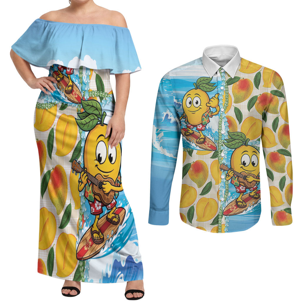 Aloha Hawaii Summer Couples Matching Off Shoulder Maxi Dress and Long Sleeve Button Shirt Hawaiian Lei Surfing Mango Palaka Motifs LT14 Blue - Polynesian Pride