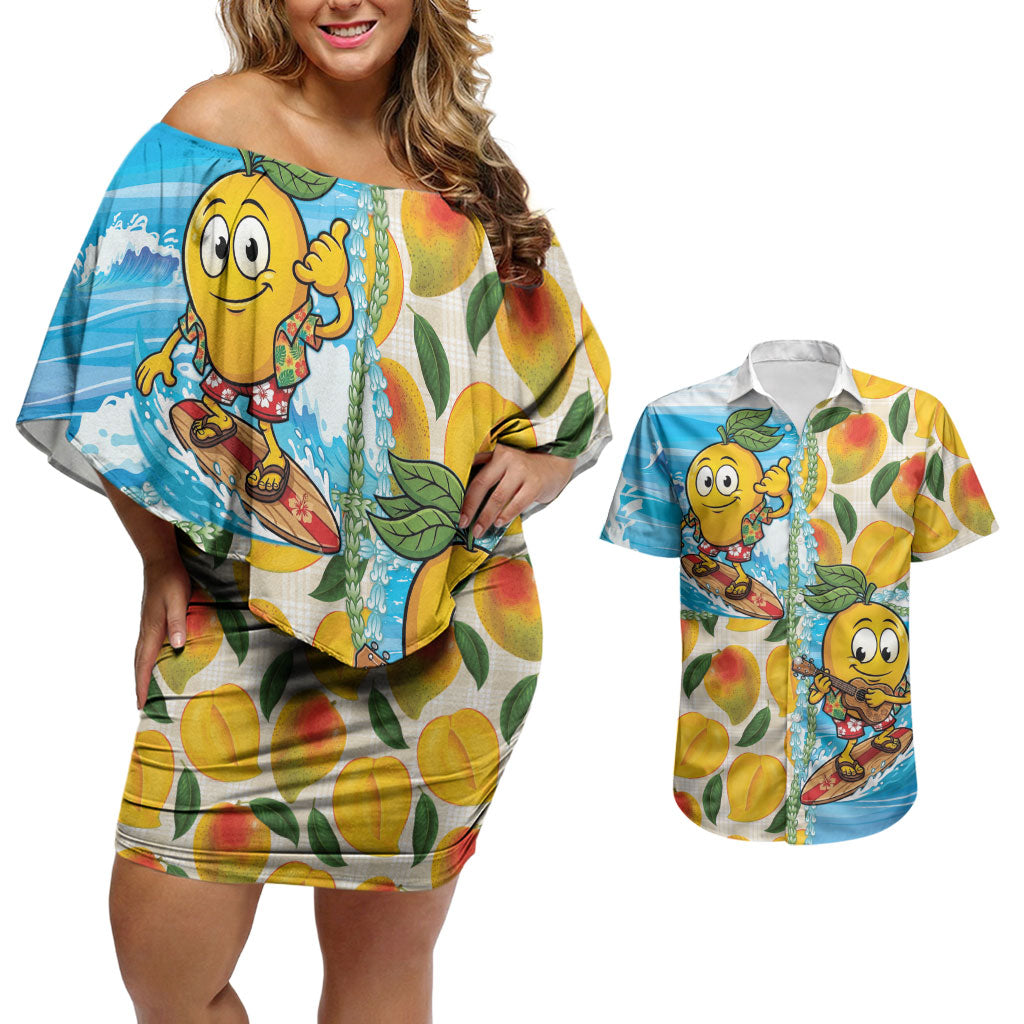 Aloha Hawaii Summer Couples Matching Off Shoulder Short Dress and Hawaiian Shirt Hawaiian Lei Surfing Mango Palaka Motifs LT14 Blue - Polynesian Pride