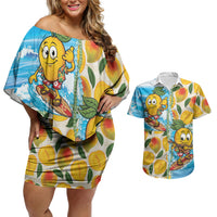 Aloha Hawaii Summer Couples Matching Off Shoulder Short Dress and Hawaiian Shirt Hawaiian Lei Surfing Mango Palaka Motifs LT14 Blue - Polynesian Pride