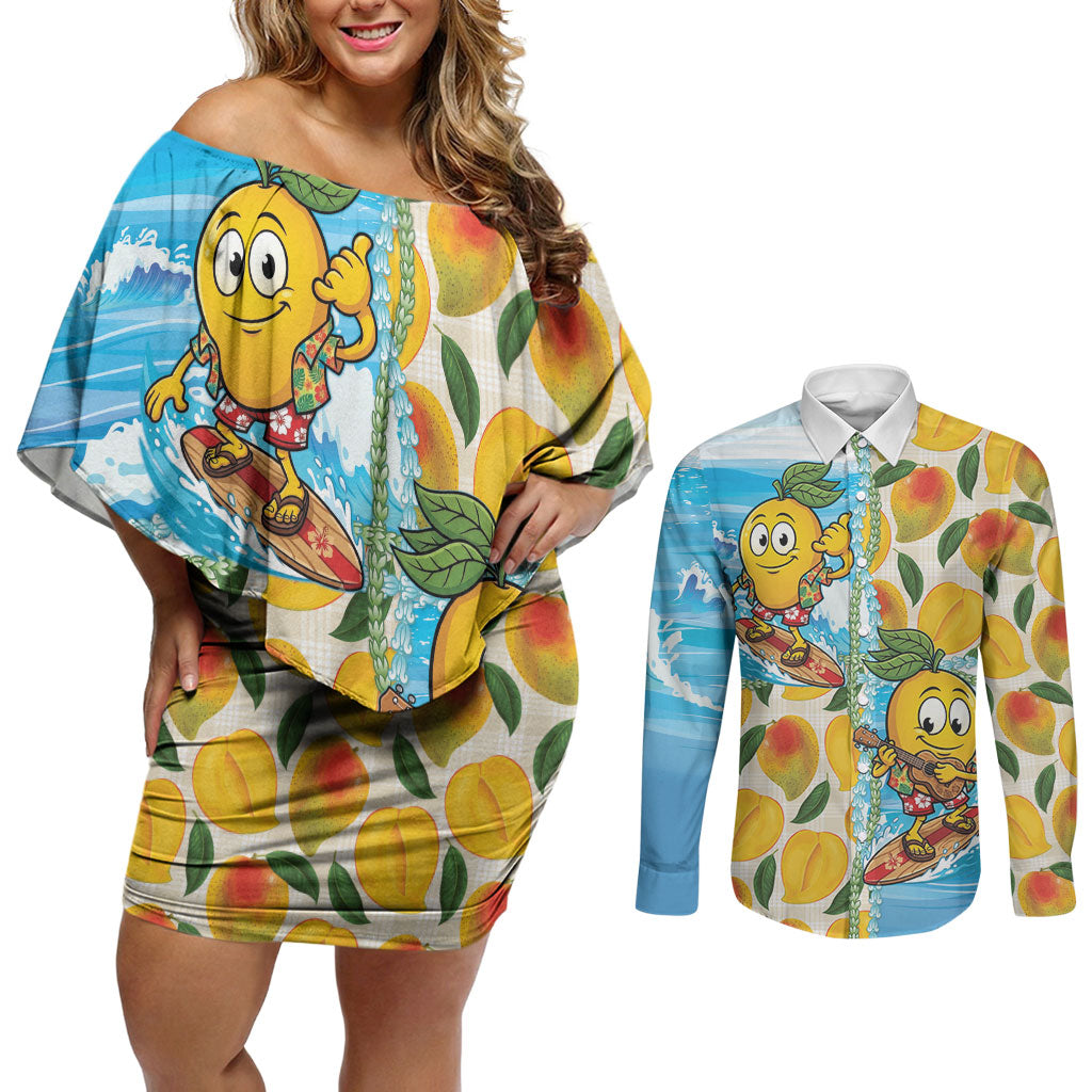 Aloha Hawaii Summer Couples Matching Off Shoulder Short Dress and Long Sleeve Button Shirt Hawaiian Lei Surfing Mango Palaka Motifs LT14 Blue - Polynesian Pride