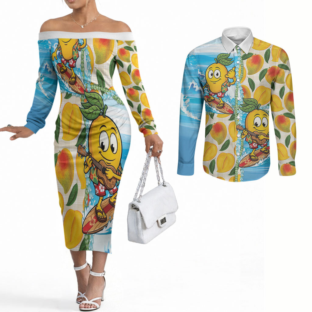 Aloha Hawaii Summer Couples Matching Off The Shoulder Long Sleeve Dress and Long Sleeve Button Shirt Hawaiian Lei Surfing Mango Palaka Motifs LT14 Blue - Polynesian Pride