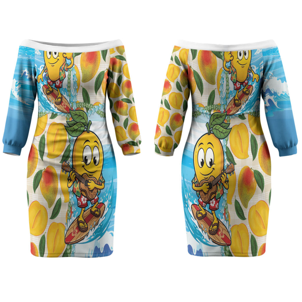 Aloha Hawaii Summer Couples Matching Off The Shoulder Long Sleeve Dress and Long Sleeve Button Shirt Hawaiian Lei Surfing Mango Palaka Motifs LT14 - Polynesian Pride