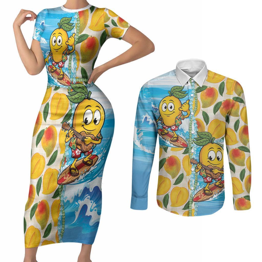 Aloha Hawaii Summer Couples Matching Short Sleeve Bodycon Dress and Long Sleeve Button Shirt Hawaiian Lei Surfing Mango Palaka Motifs LT14 Blue - Polynesian Pride