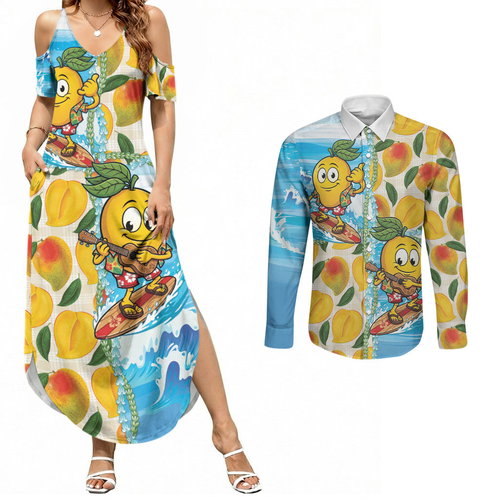 Aloha Hawaii Summer Couples Matching Summer Maxi Dress and Long Sleeve Button Shirt Hawaiian Lei Surfing Mango Palaka Motifs LT14 Blue - Polynesian Pride