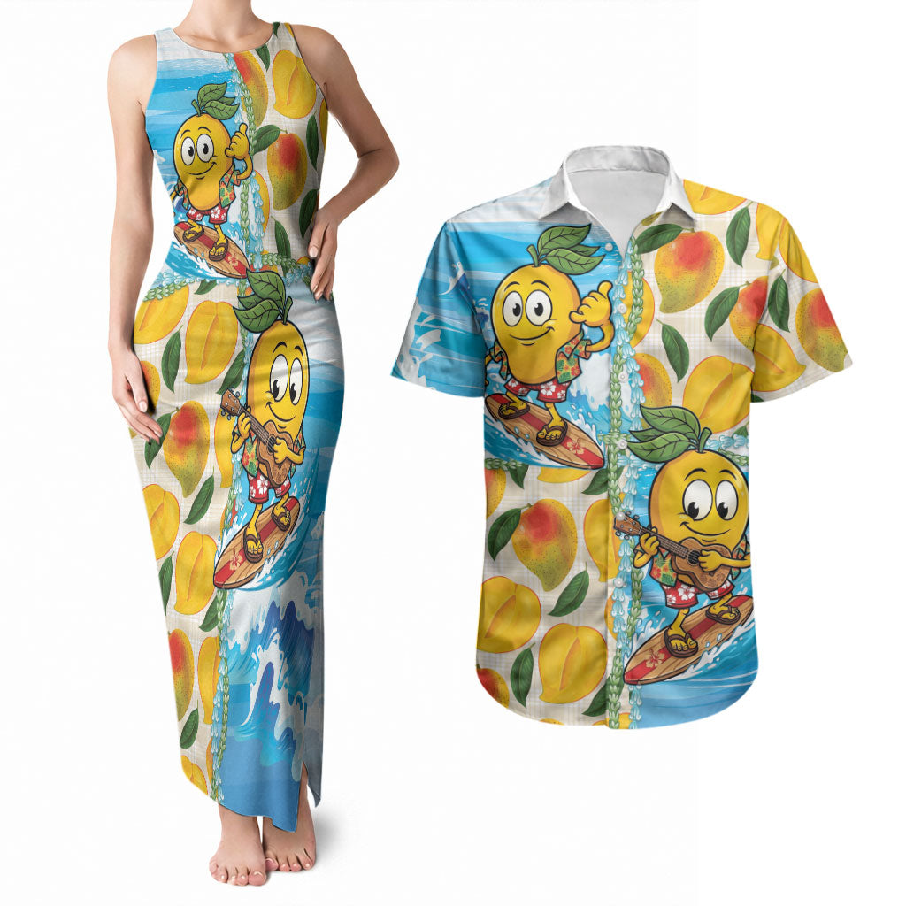 Aloha Hawaii Summer Couples Matching Tank Maxi Dress and Hawaiian Shirt Hawaiian Lei Surfing Mango Palaka Motifs LT14 Blue - Polynesian Pride