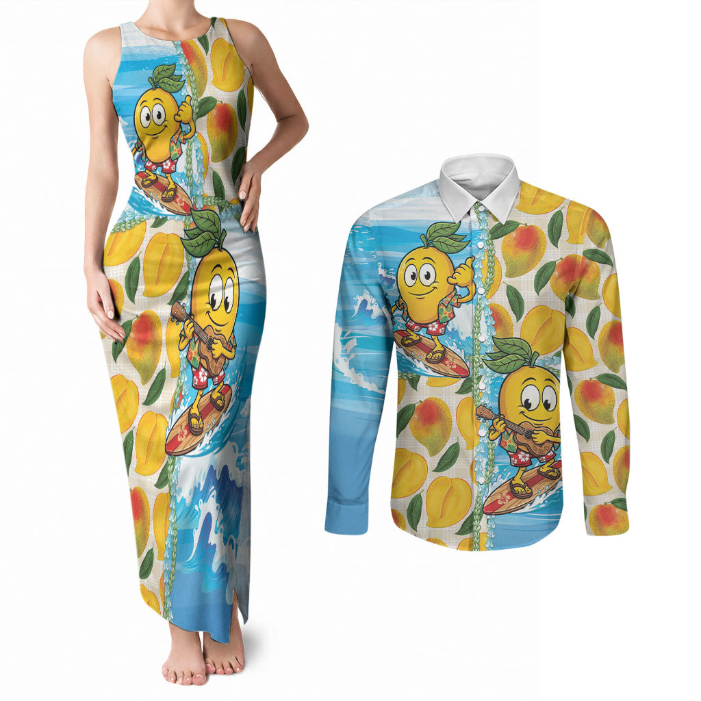 Aloha Hawaii Summer Couples Matching Tank Maxi Dress and Long Sleeve Button Shirt Hawaiian Lei Surfing Mango Palaka Motifs LT14 Blue - Polynesian Pride