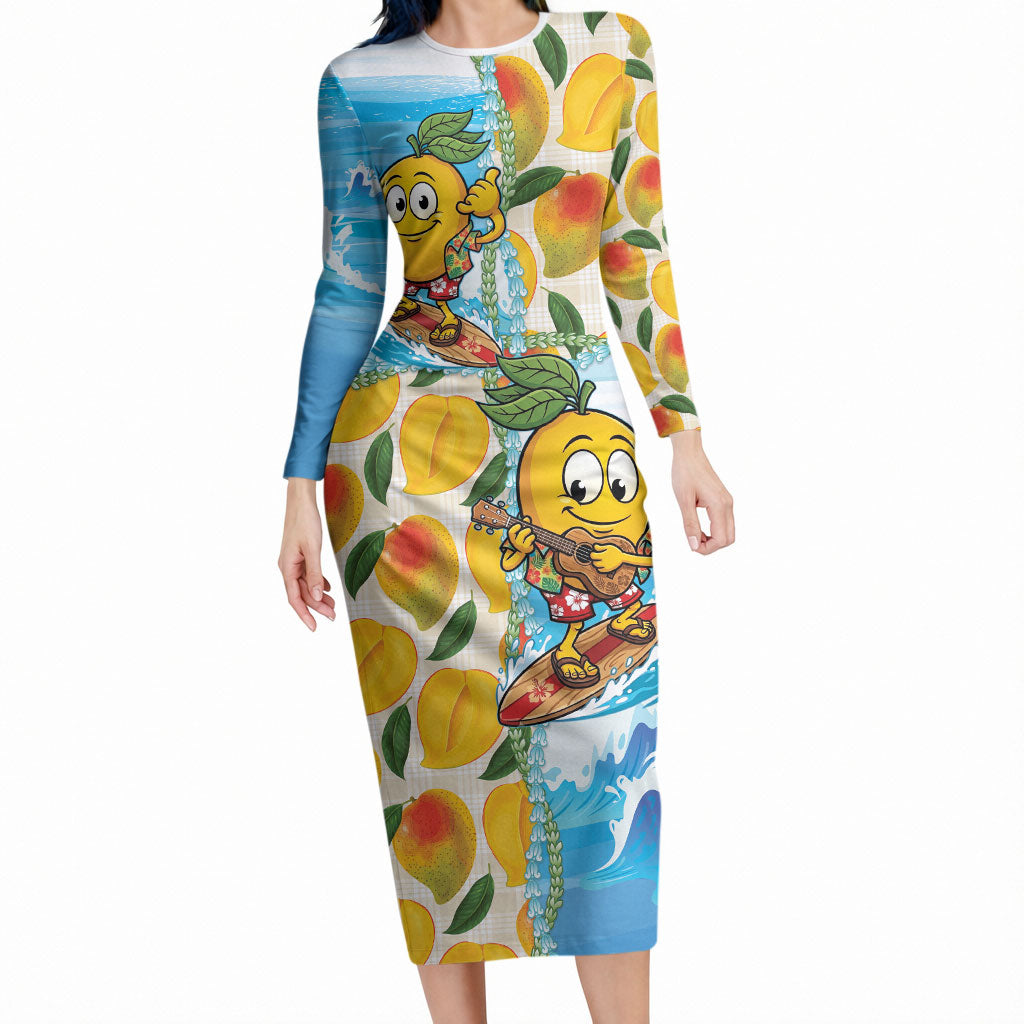 Aloha Hawaii Summer Long Sleeve Bodycon Dress Hawaiian Lei Surfing Mango Palaka Motifs LT14 Long Dress Blue - Polynesian Pride