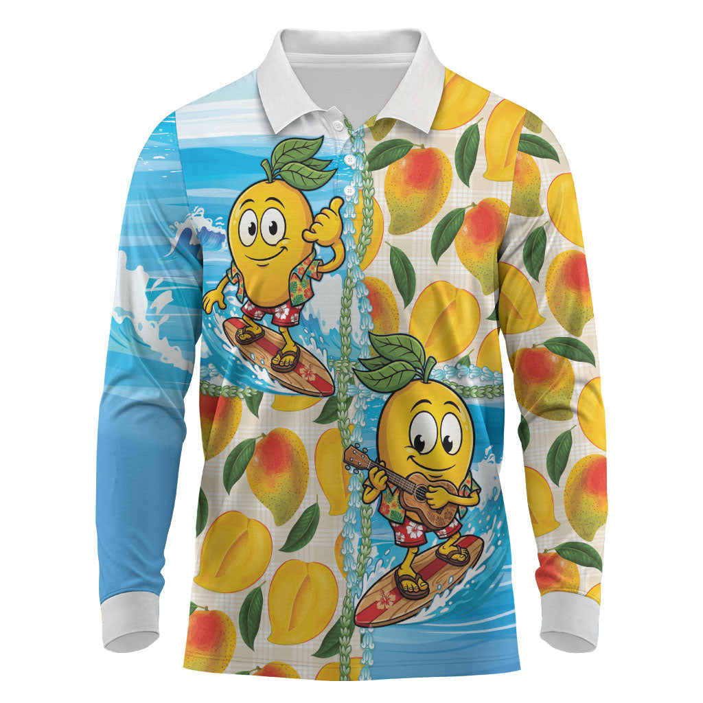Aloha Hawaii Summer Long Sleeve Polo Shirt Hawaiian Lei Surfing Mango Palaka Motifs LT14 Blue - Polynesian Pride
