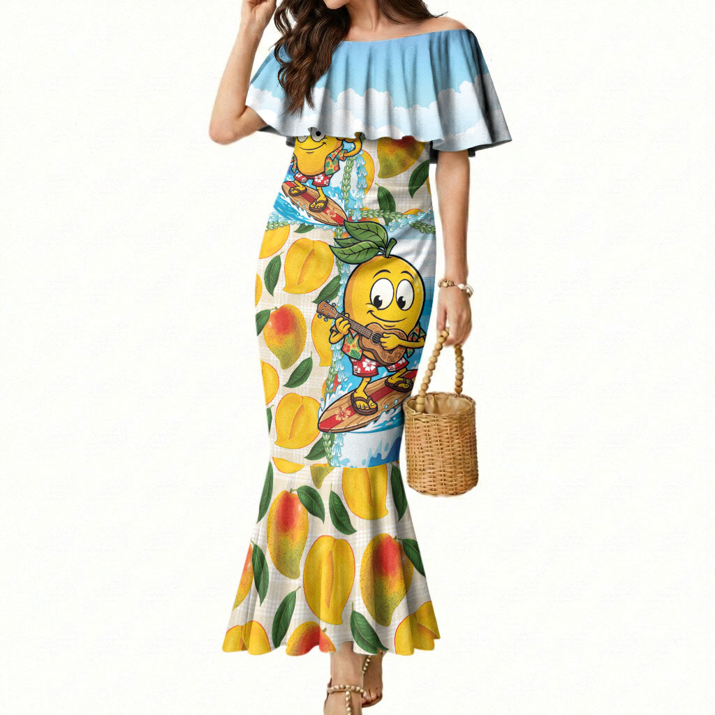 Aloha Hawaii Summer Mermaid Dress Hawaiian Lei Surfing Mango Palaka Motifs LT14 Women Blue - Polynesian Pride