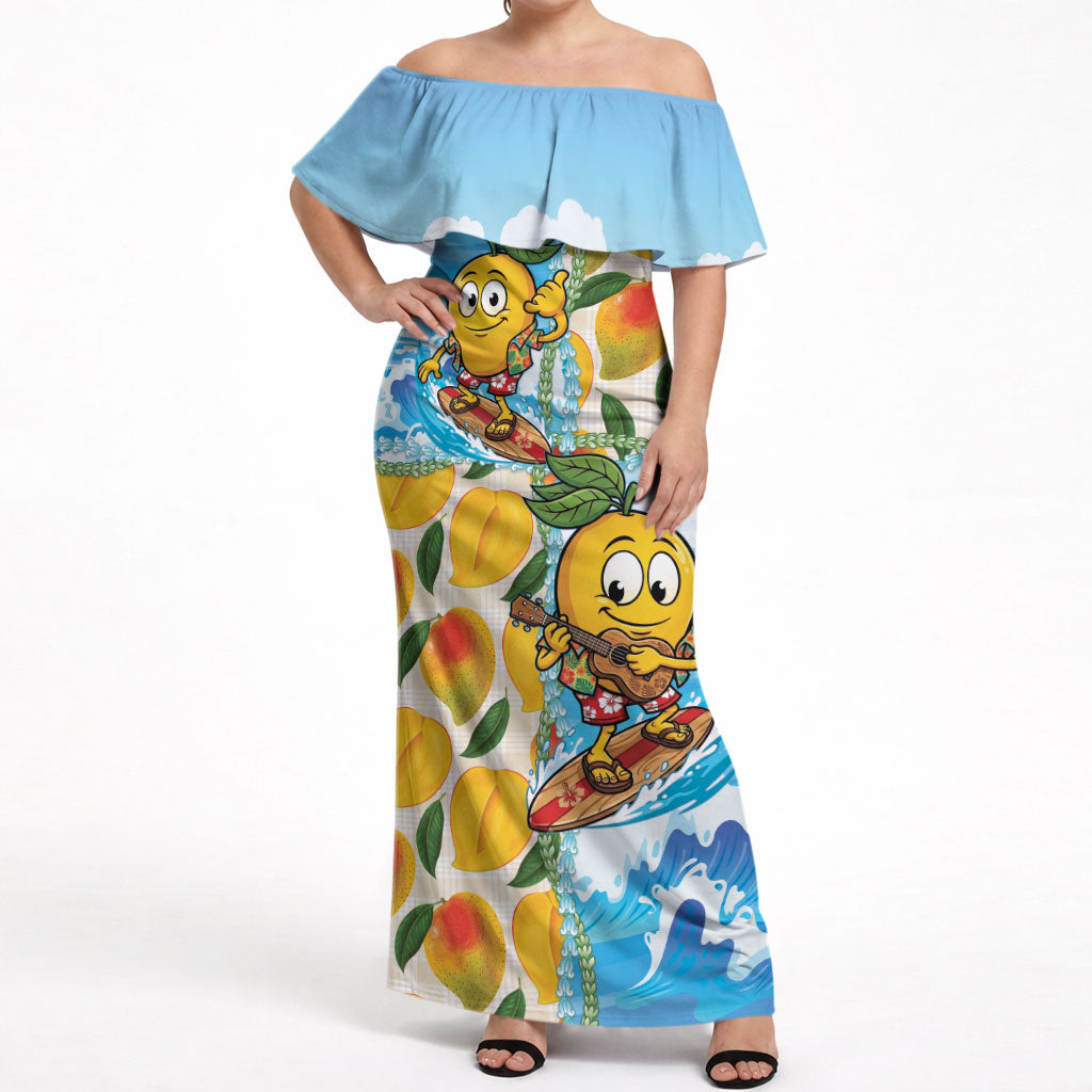 Aloha Hawaii Summer Off Shoulder Maxi Dress Hawaiian Lei Surfing Mango Palaka Motifs LT14 Women Blue - Polynesian Pride