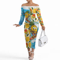 Aloha Hawaii Summer Off The Shoulder Long Sleeve Dress Hawaiian Lei Surfing Mango Palaka Motifs LT14 Women Blue - Polynesian Pride