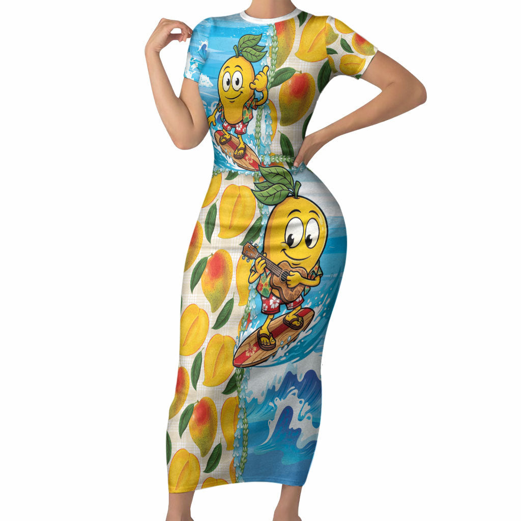 Aloha Hawaii Summer Short Sleeve Bodycon Dress Hawaiian Lei Surfing Mango Palaka Motifs LT14 Long Dress Blue - Polynesian Pride