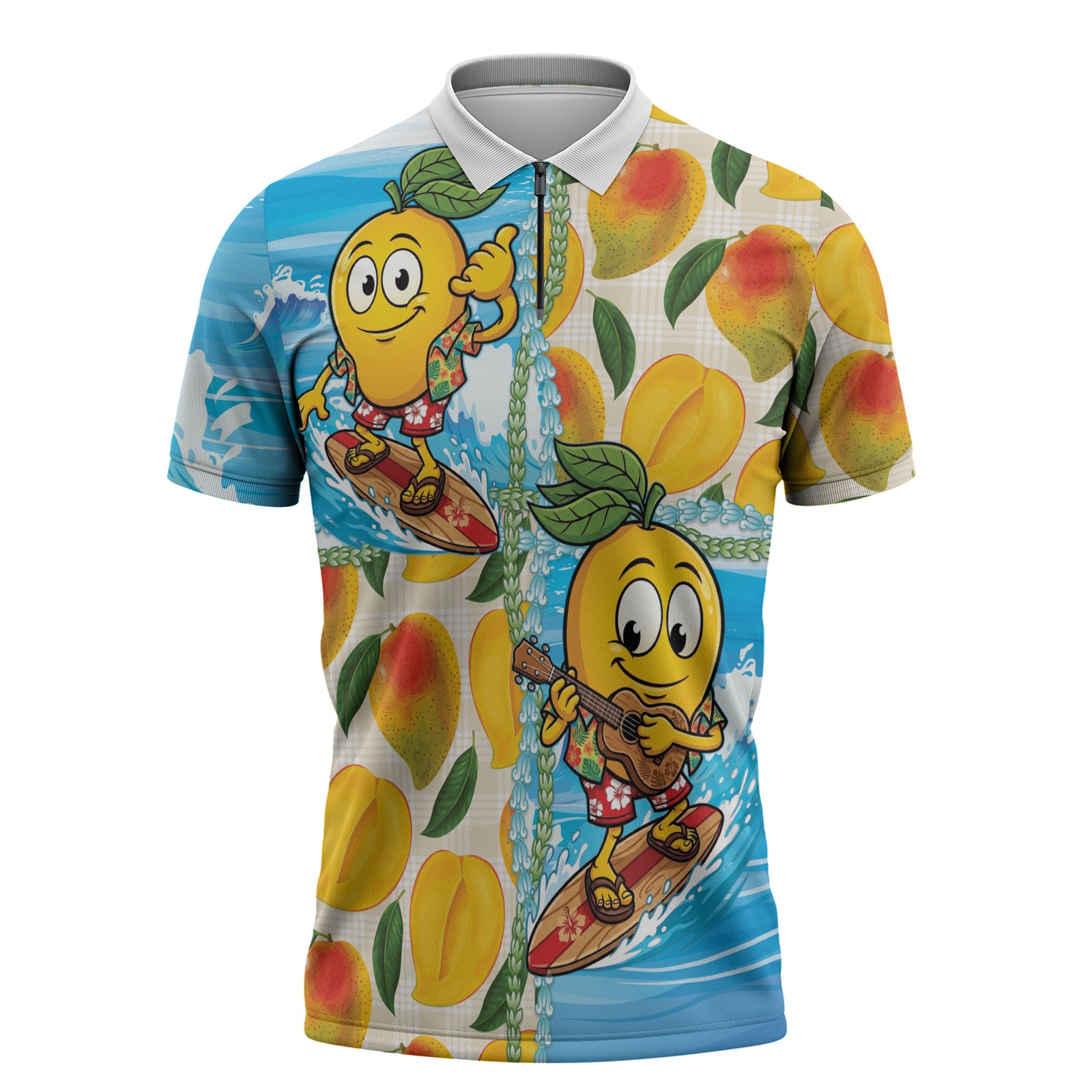 Aloha Hawaii Summer Zipper Polo Shirt Hawaiian Lei Surfing Mango Palaka Motifs LT14 Blue - Polynesian Pride