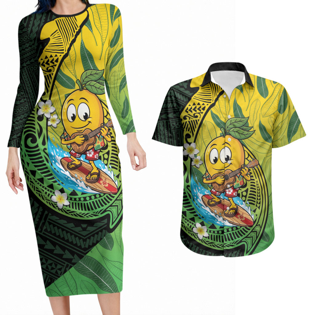 Hawaii Surfing Mango Couples Matching Long Sleeve Bodycon Dress and Hawaiian Shirt Manako Polynesian Fish Hook LT14 Green - Polynesian Pride
