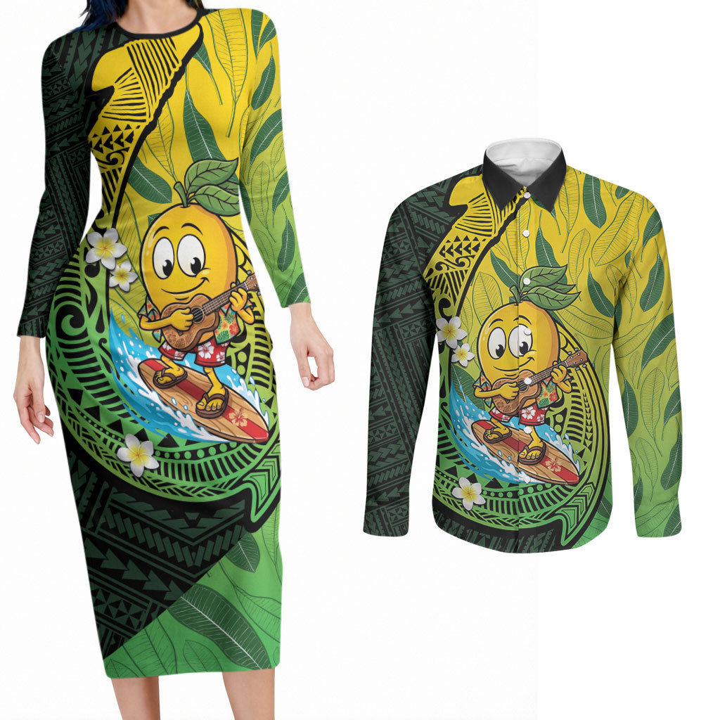 Hawaii Surfing Mango Couples Matching Long Sleeve Bodycon Dress and Long Sleeve Button Shirt Manako Polynesian Fish Hook LT14 Green - Polynesian Pride