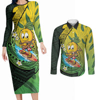 Hawaii Surfing Mango Couples Matching Long Sleeve Bodycon Dress and Long Sleeve Button Shirt Manako Polynesian Fish Hook LT14 Green - Polynesian Pride