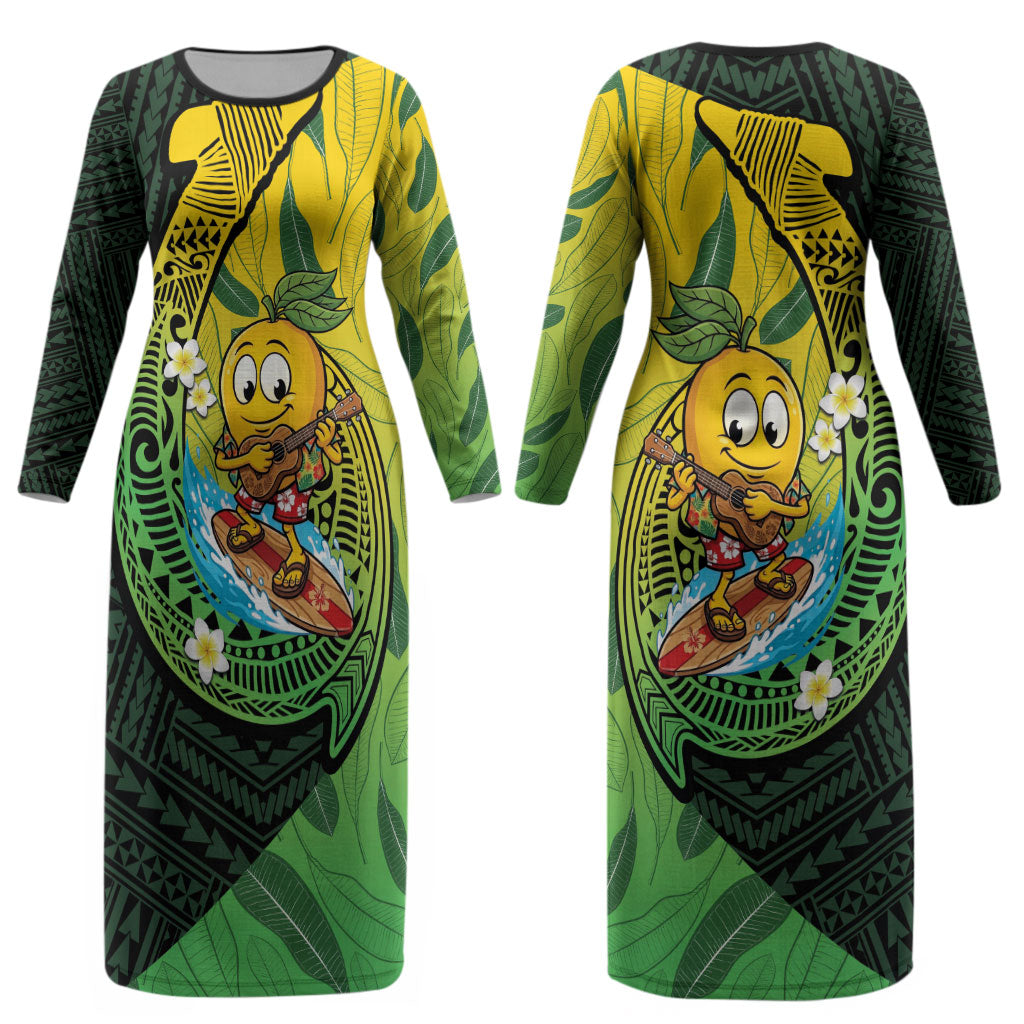 Hawaii Surfing Mango Couples Matching Long Sleeve Bodycon Dress and Long Sleeve Button Shirt Manako Polynesian Fish Hook LT14 - Polynesian Pride