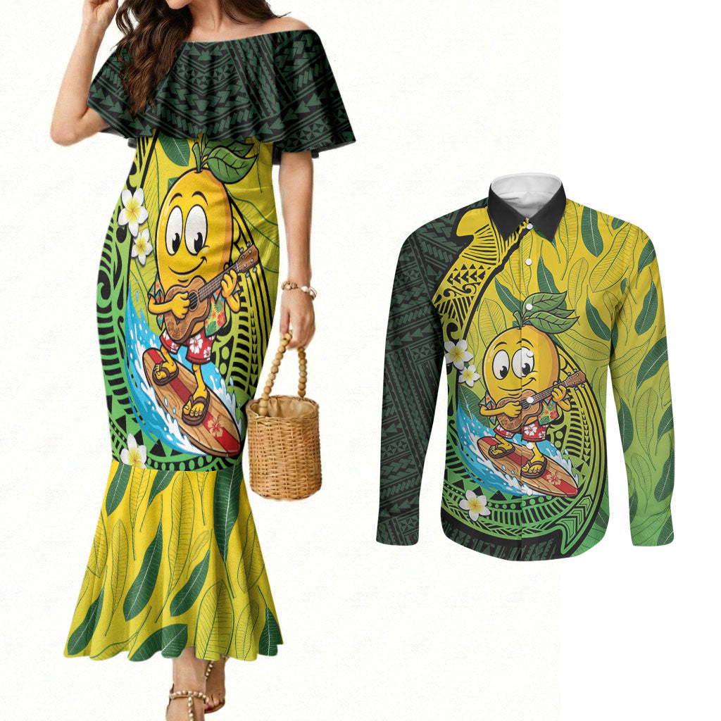 Hawaii Surfing Mango Couples Matching Mermaid Dress and Long Sleeve Button Shirt Manako Polynesian Fish Hook LT14 Green - Polynesian Pride