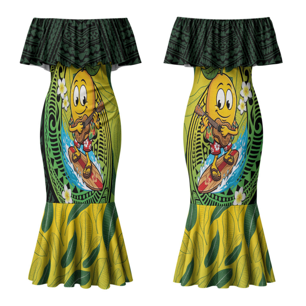 Hawaii Surfing Mango Couples Matching Mermaid Dress and Long Sleeve Button Shirt Manako Polynesian Fish Hook LT14 - Polynesian Pride