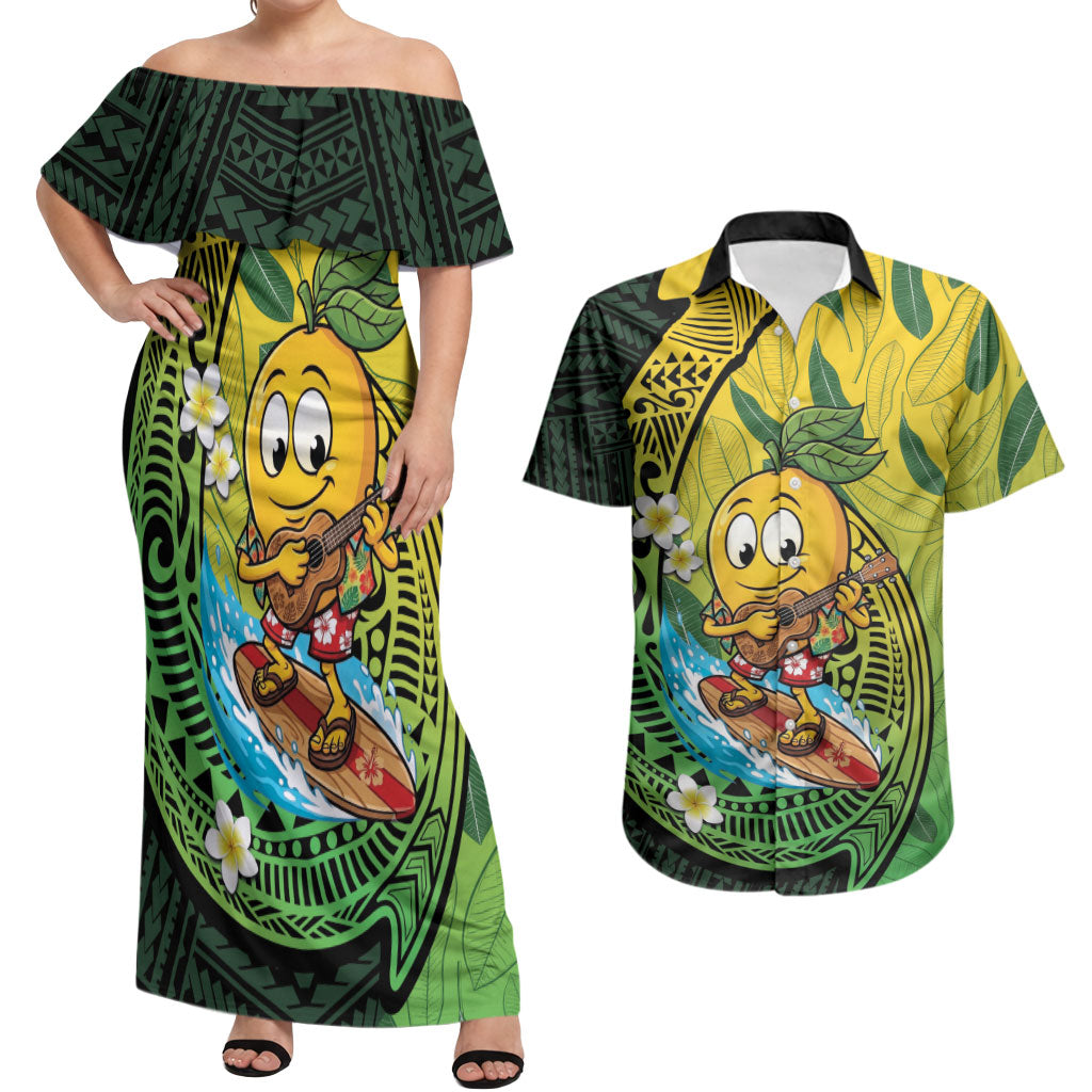Hawaii Surfing Mango Couples Matching Off Shoulder Maxi Dress and Hawaiian Shirt Manako Polynesian Fish Hook LT14 Green - Polynesian Pride