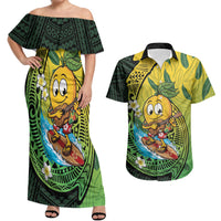 Hawaii Surfing Mango Couples Matching Off Shoulder Maxi Dress and Hawaiian Shirt Manako Polynesian Fish Hook LT14 Green - Polynesian Pride