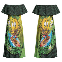 Hawaii Surfing Mango Couples Matching Off Shoulder Maxi Dress and Hawaiian Shirt Manako Polynesian Fish Hook LT14 - Polynesian Pride