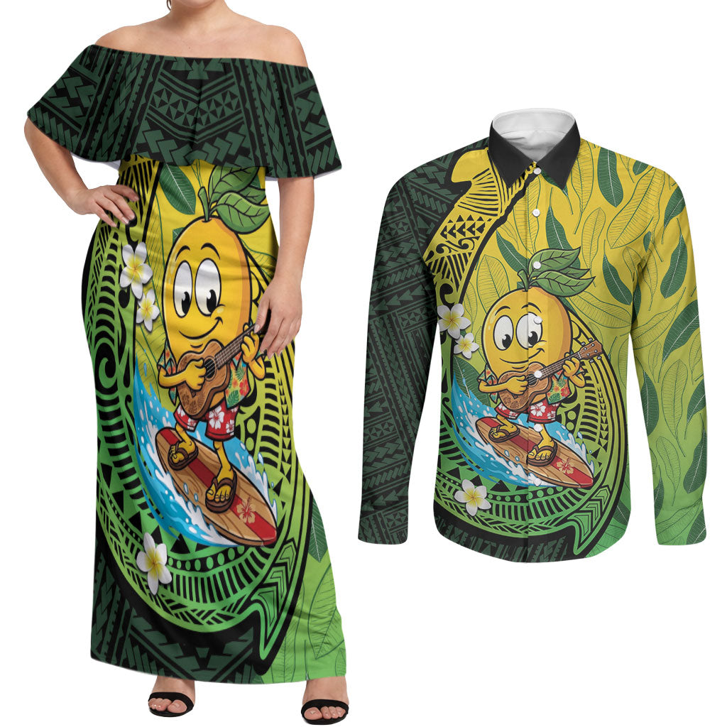 Hawaii Surfing Mango Couples Matching Off Shoulder Maxi Dress and Long Sleeve Button Shirt Manako Polynesian Fish Hook LT14 Green - Polynesian Pride