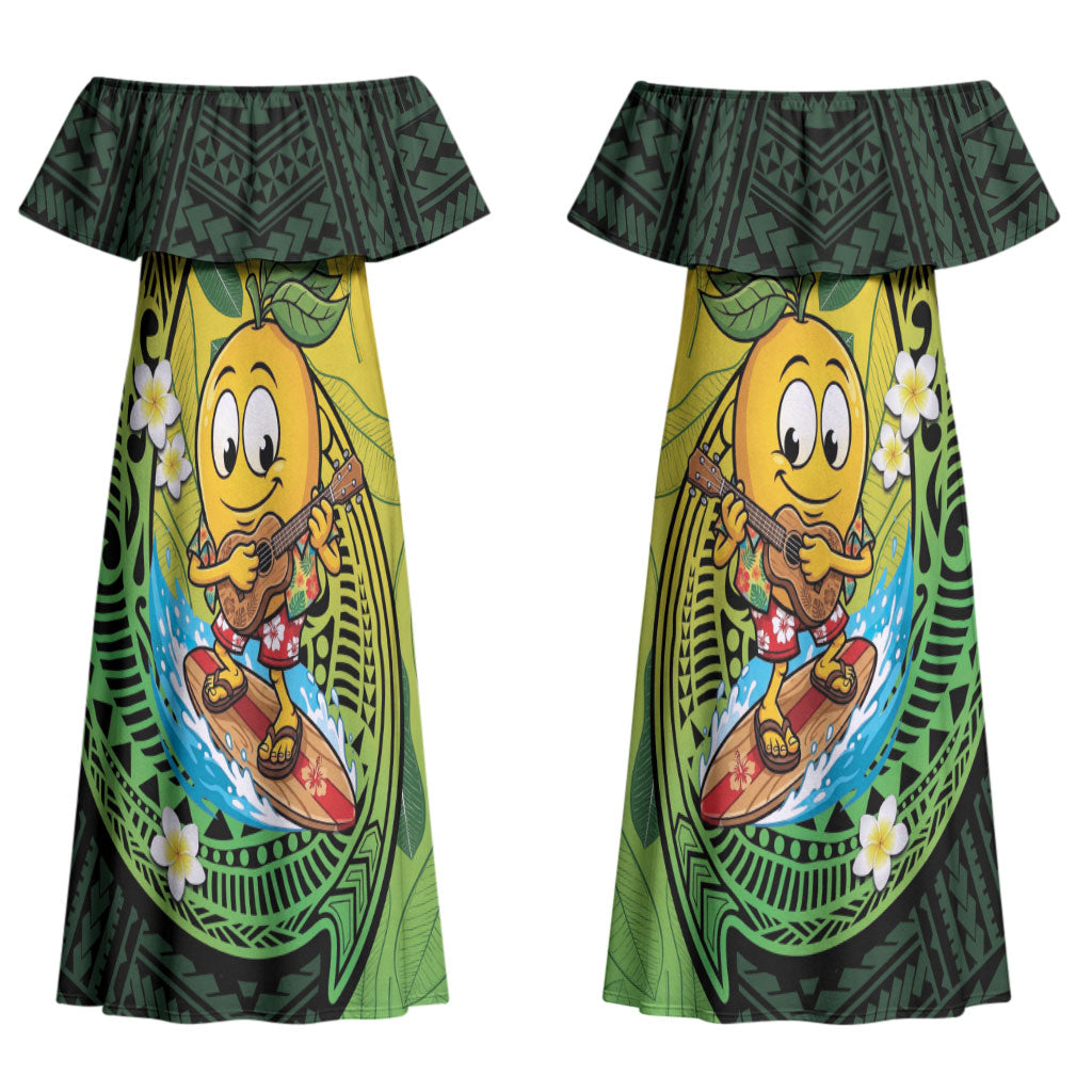 Hawaii Surfing Mango Couples Matching Off Shoulder Maxi Dress and Long Sleeve Button Shirt Manako Polynesian Fish Hook LT14 - Polynesian Pride