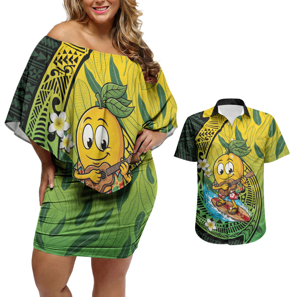 Hawaii Surfing Mango Couples Matching Off Shoulder Short Dress and Hawaiian Shirt Manako Polynesian Fish Hook LT14 Green - Polynesian Pride