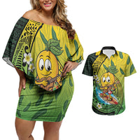 Hawaii Surfing Mango Couples Matching Off Shoulder Short Dress and Hawaiian Shirt Manako Polynesian Fish Hook LT14 Green - Polynesian Pride