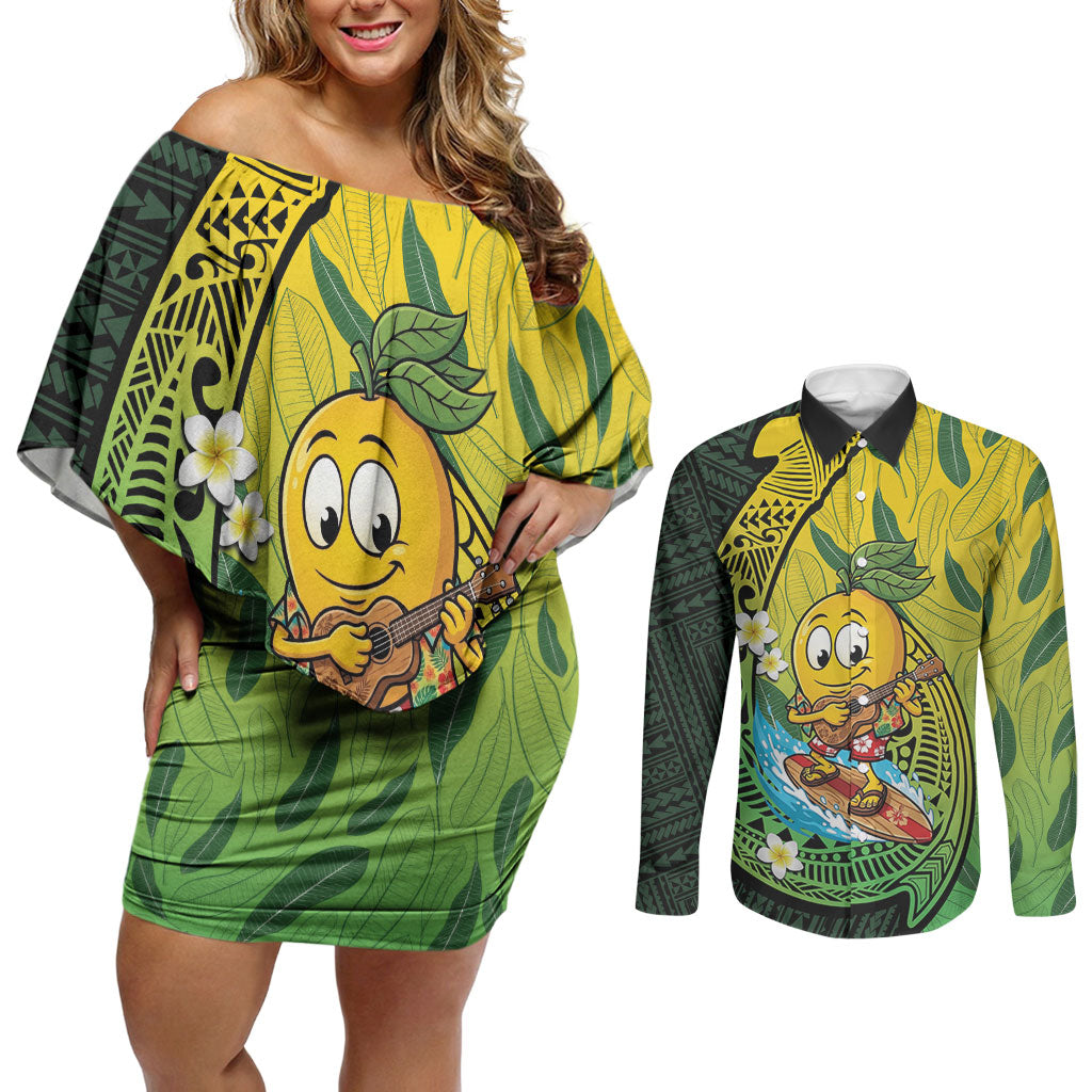Hawaii Surfing Mango Couples Matching Off Shoulder Short Dress and Long Sleeve Button Shirt Manako Polynesian Fish Hook LT14 Green - Polynesian Pride