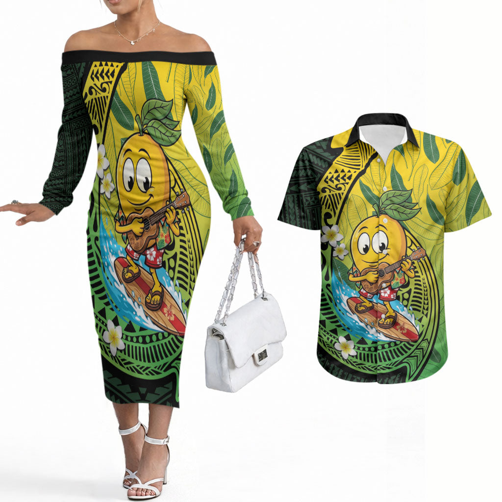 Hawaii Surfing Mango Couples Matching Off The Shoulder Long Sleeve Dress and Hawaiian Shirt Manako Polynesian Fish Hook LT14 Green - Polynesian Pride