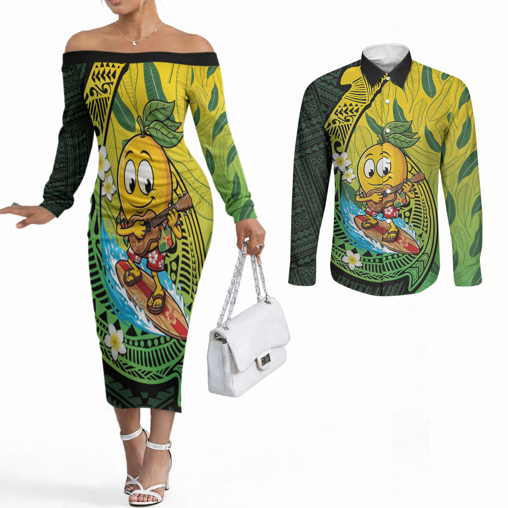 Hawaii Surfing Mango Couples Matching Off The Shoulder Long Sleeve Dress and Long Sleeve Button Shirt Manako Polynesian Fish Hook LT14 Green - Polynesian Pride