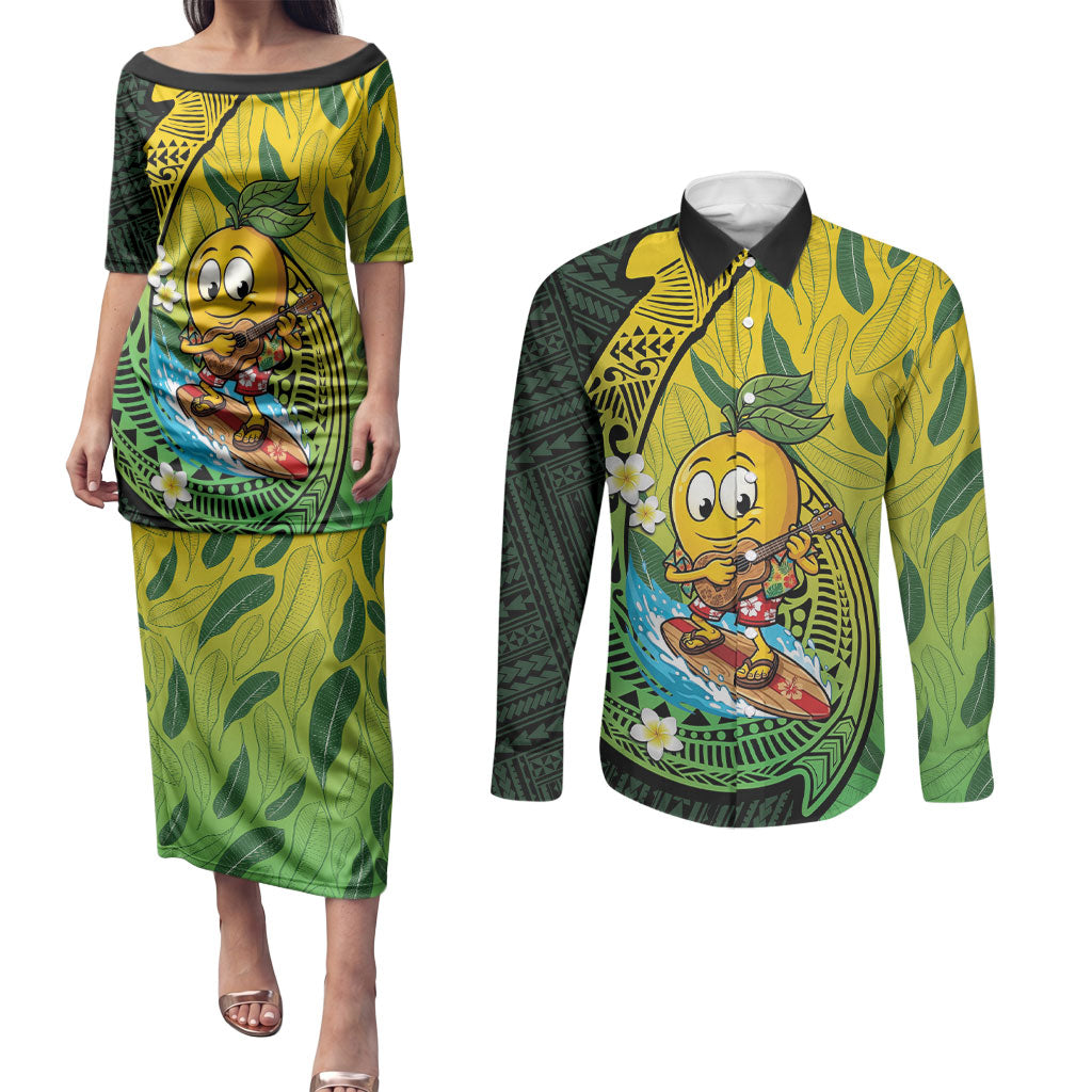 Hawaii Surfing Mango Couples Matching Puletasi and Long Sleeve Button Shirt Manako Polynesian Fish Hook LT14 Green - Polynesian Pride